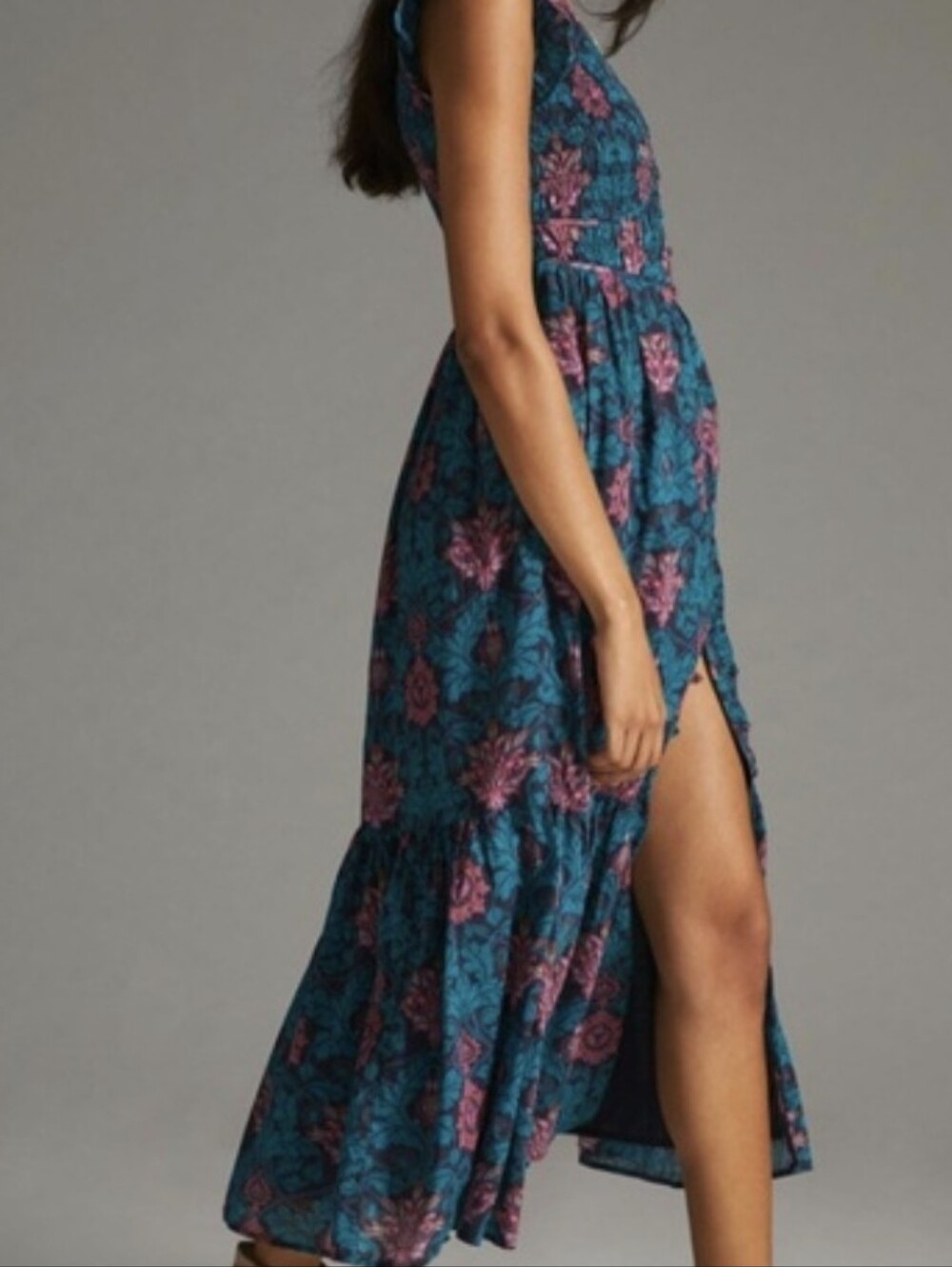 Anthropologie Peregrine SmallFloral Teal & Pink Maxi Dress with Side Slit